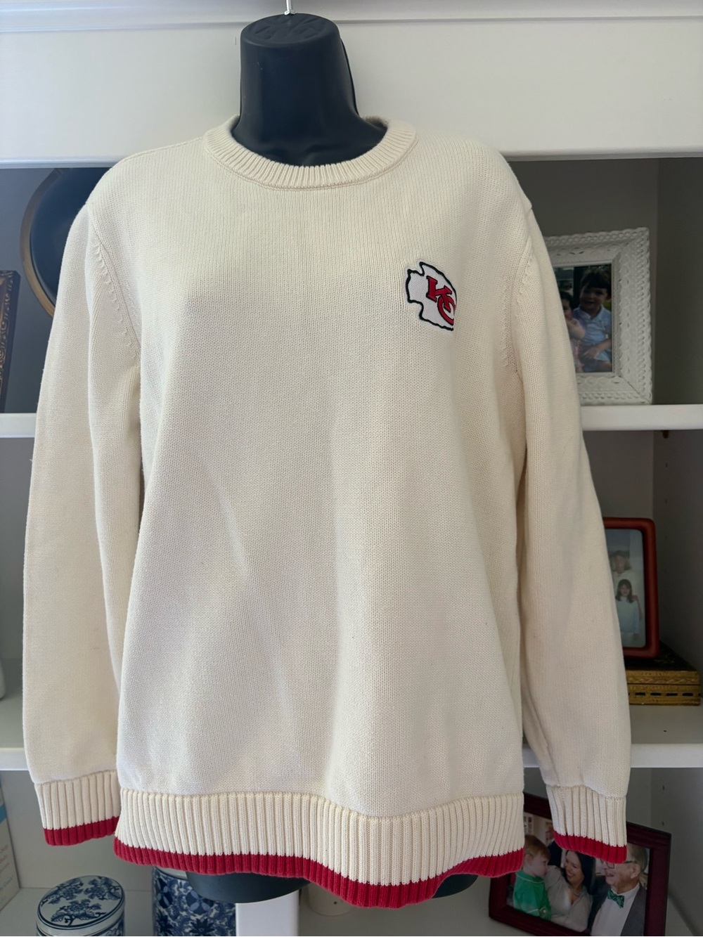 Cream Crewneck Chiefs Sweater with Red Trim